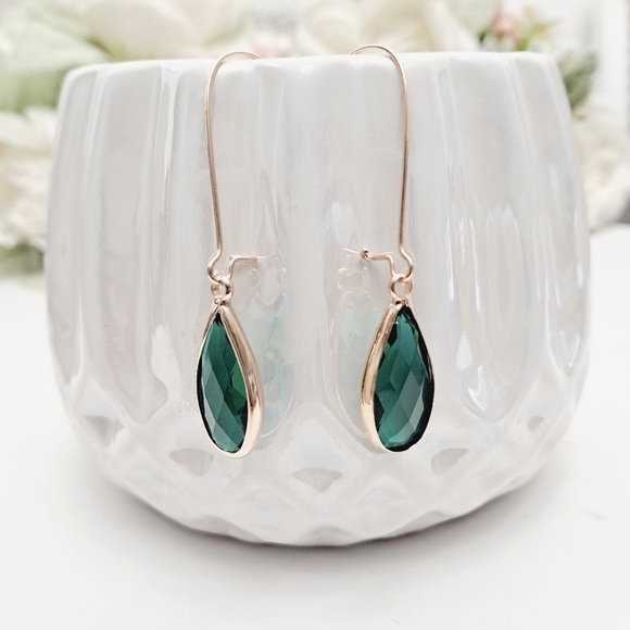 Gold dangle green glass earrings dainty boho drop hoop statement cute 💖2/$30 - Picture 6 of 10